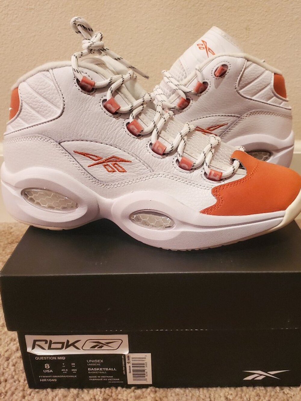 DS NIB Reebok Question Mid Orange Toe 2023 HR1049 mens sz 8